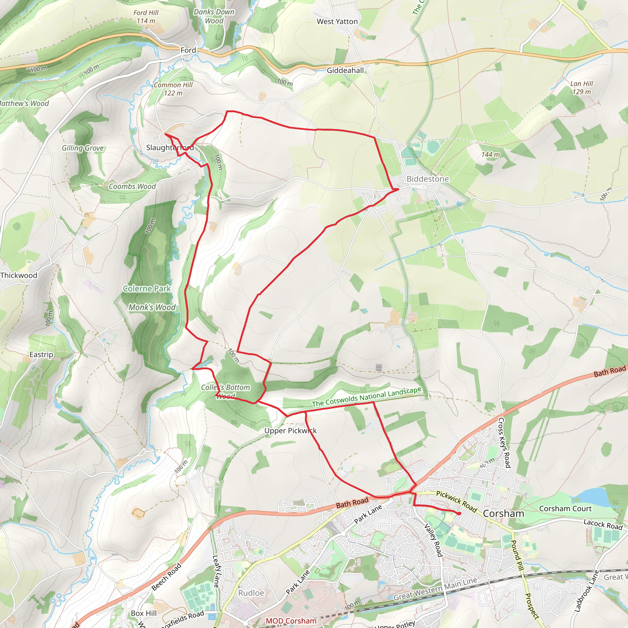 Corsham to Biddestone Peacock Trail mobile static map