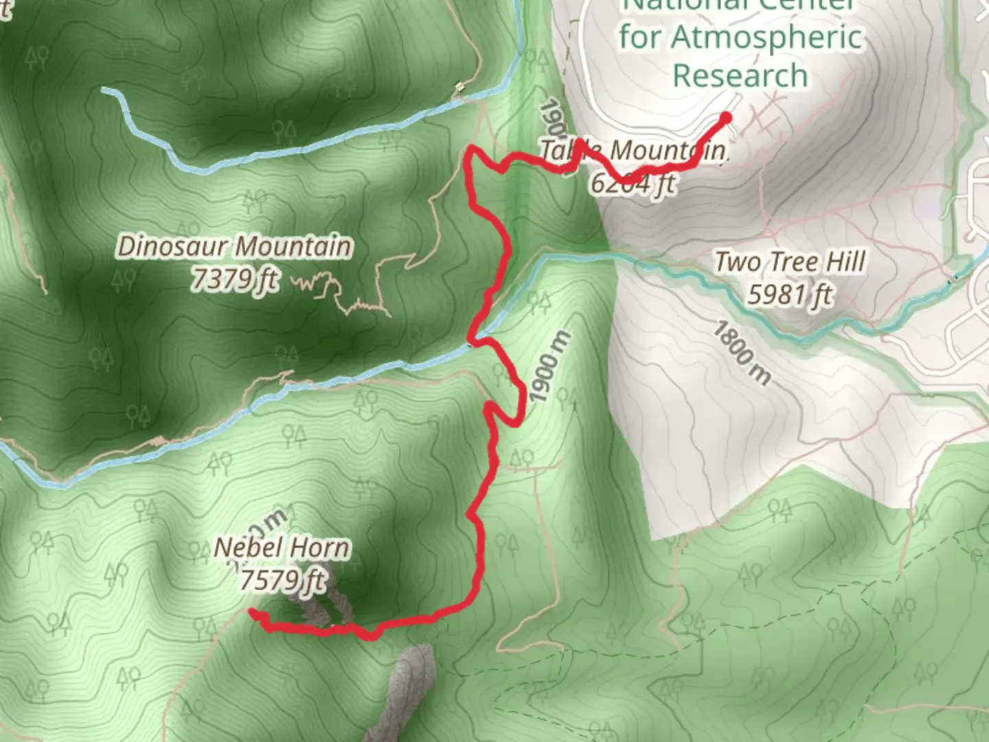 An image depicting the trail NCAR Trail, Mesa Trail and Fern Canyon Trail and its surrounding area.