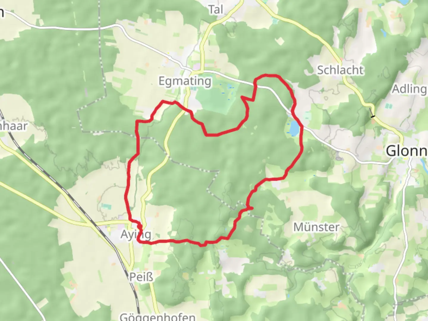An image depicting the trail Aying and Kasteneeoner See Loop and its surrounding area.