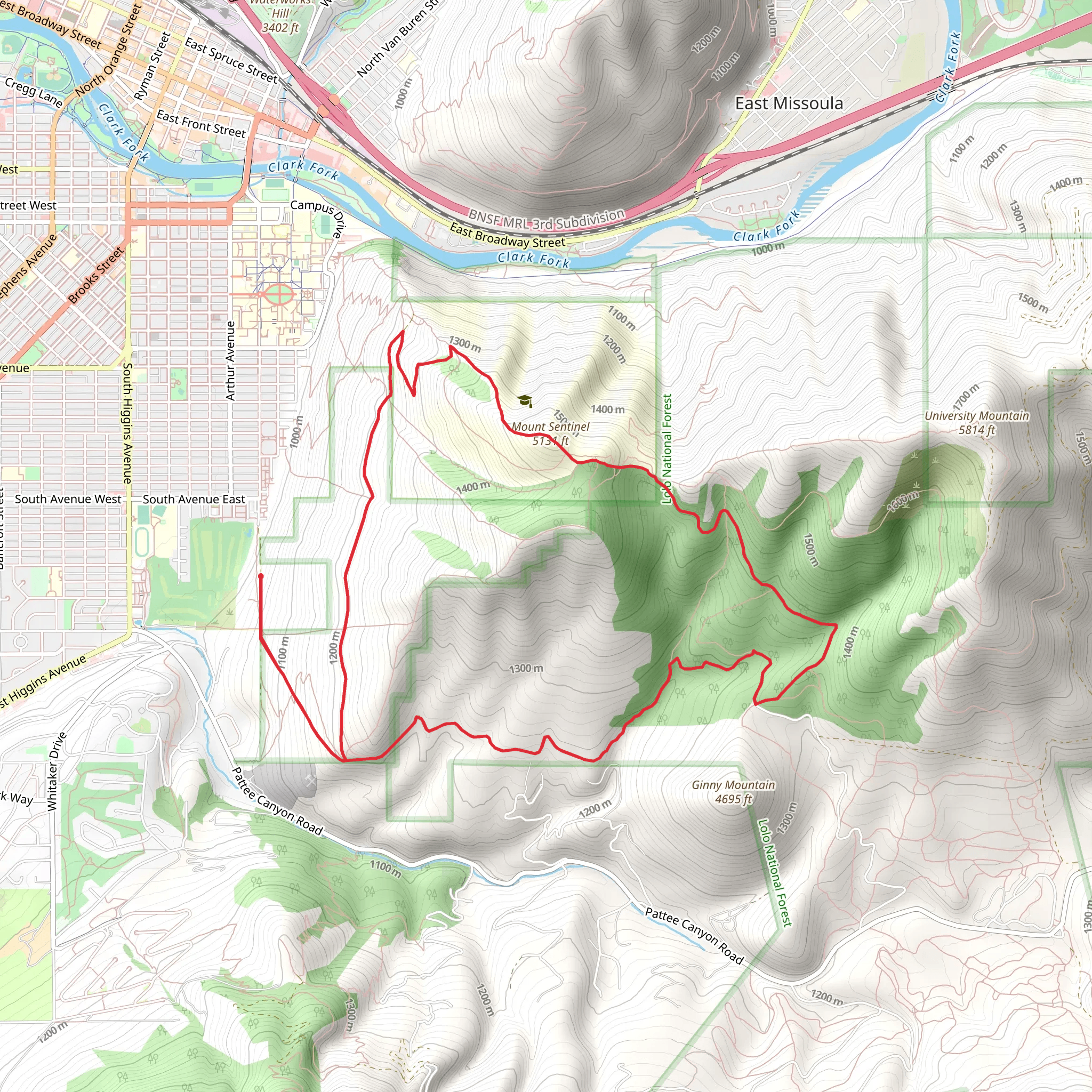 Slant, Crooked and Mount Sentinel Loop Trail mobile static map