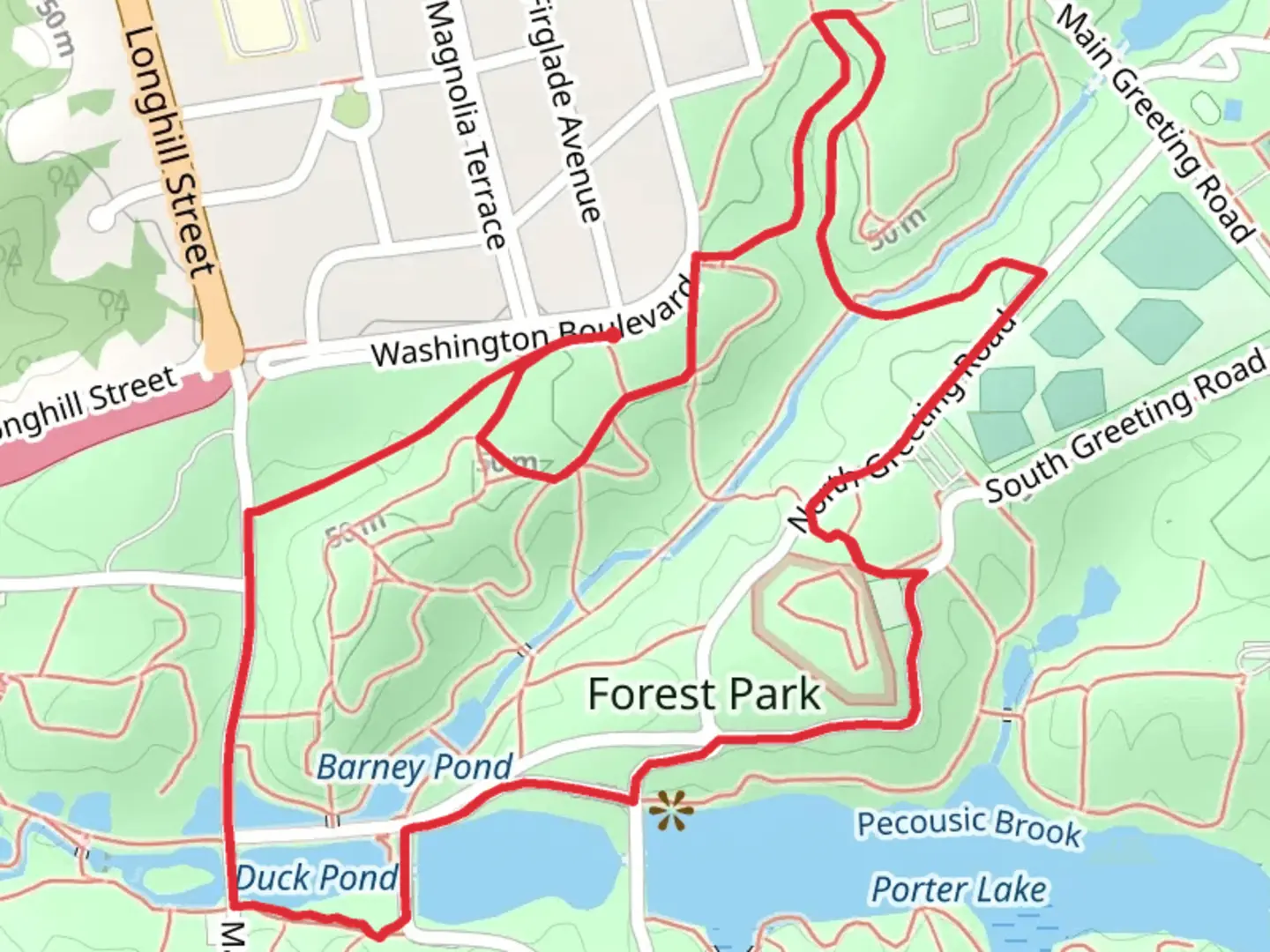 An image depicting the trail Barney Pond and Forest Park Loop Trail and its surrounding area.