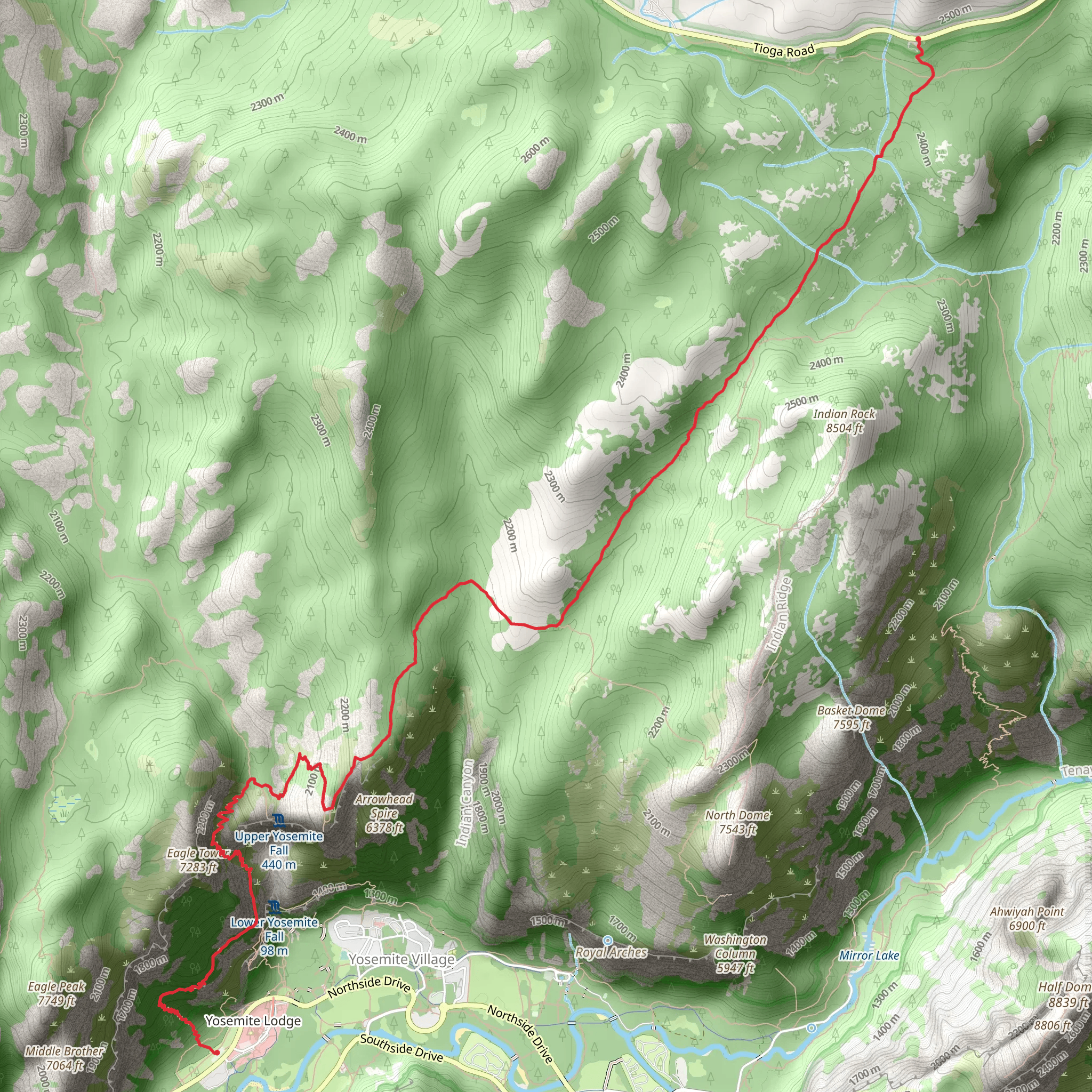 North Dome and Upper Yosemite Fall Trail mobile static map