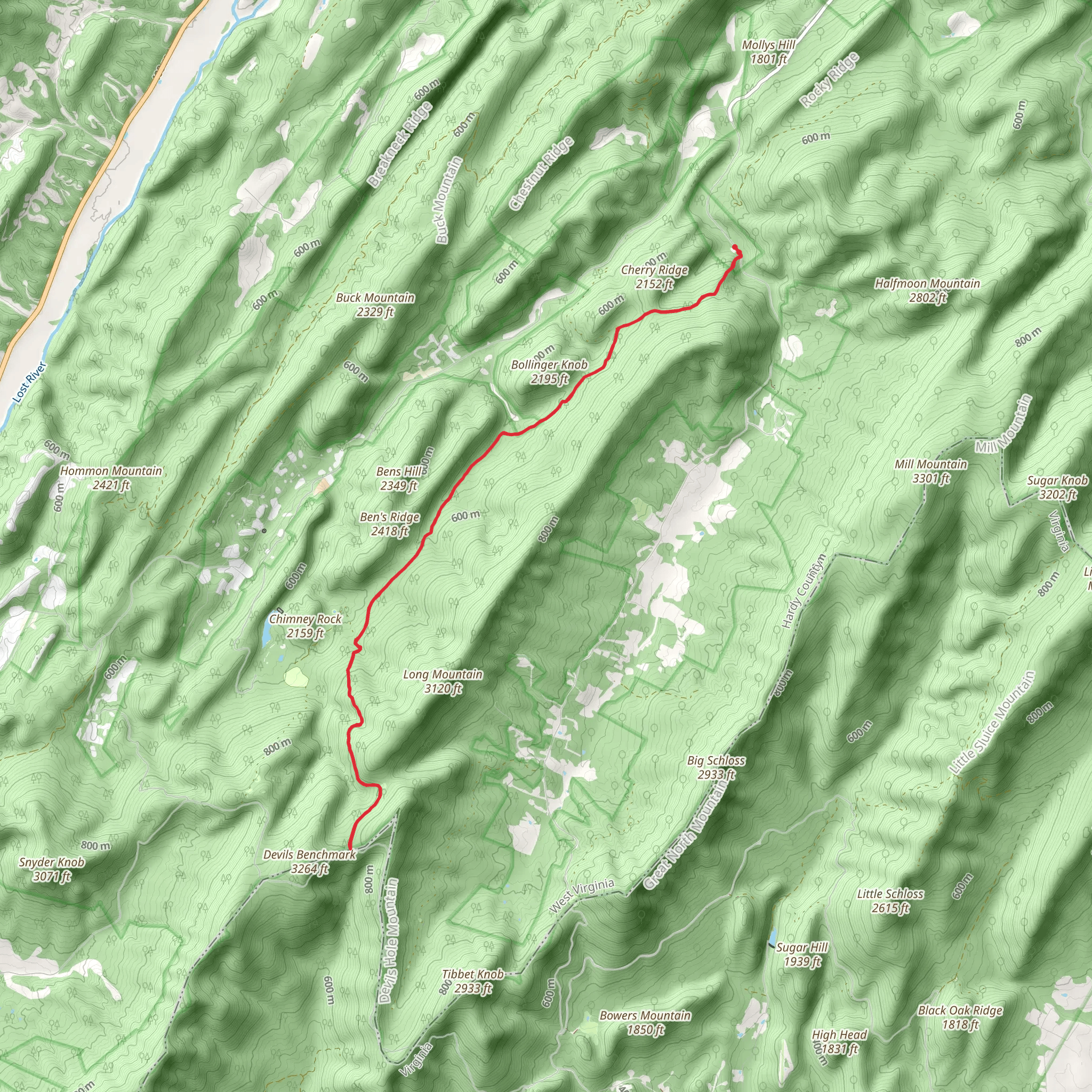 Bollinger Knob and Ben's Ridge via Long Mountain Trail mobile static map