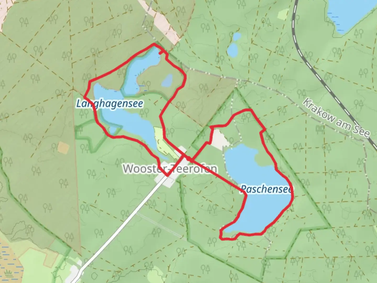 An image depicting the trail Langhagensee and Paschensee Loop and its surrounding area.