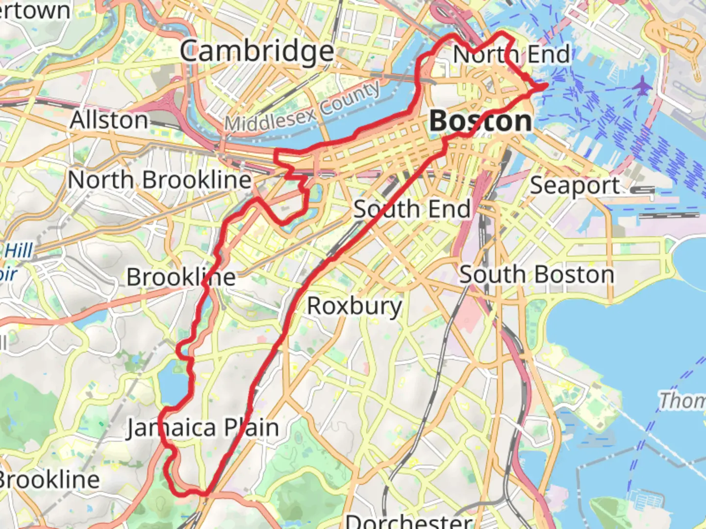 An image depicting the trail Charles River - Jamaica Pond - Bussey Hill - Mystic River Loop and its surrounding area.