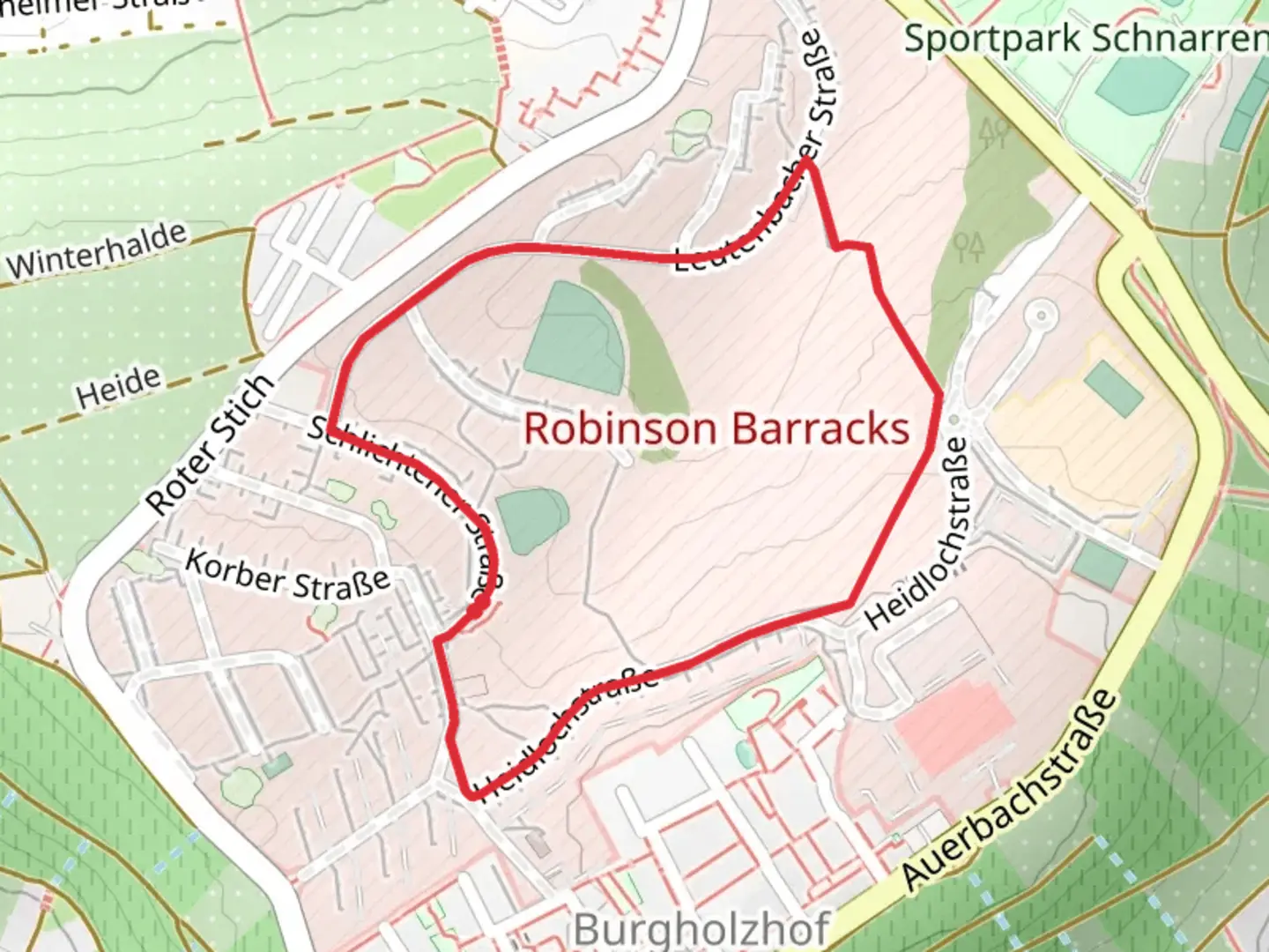 An image depicting the trail Robinson Barracks Loop and its surrounding area.