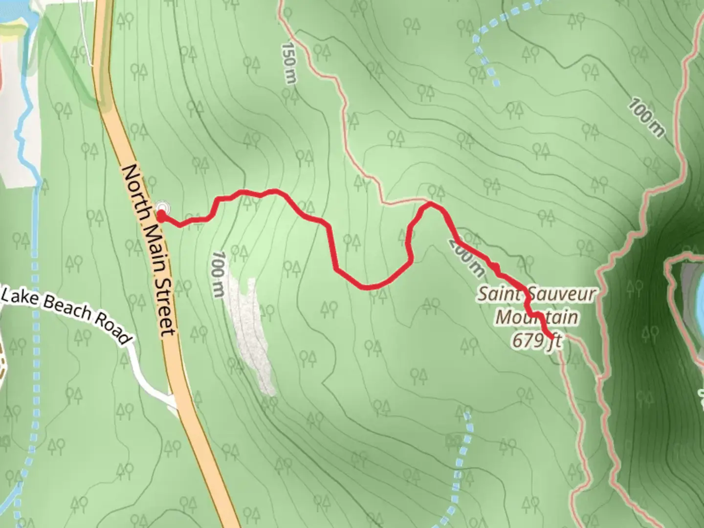 An image depicting the trail Saint Sauveur Mountain via Ledge Trail and its surrounding area.
