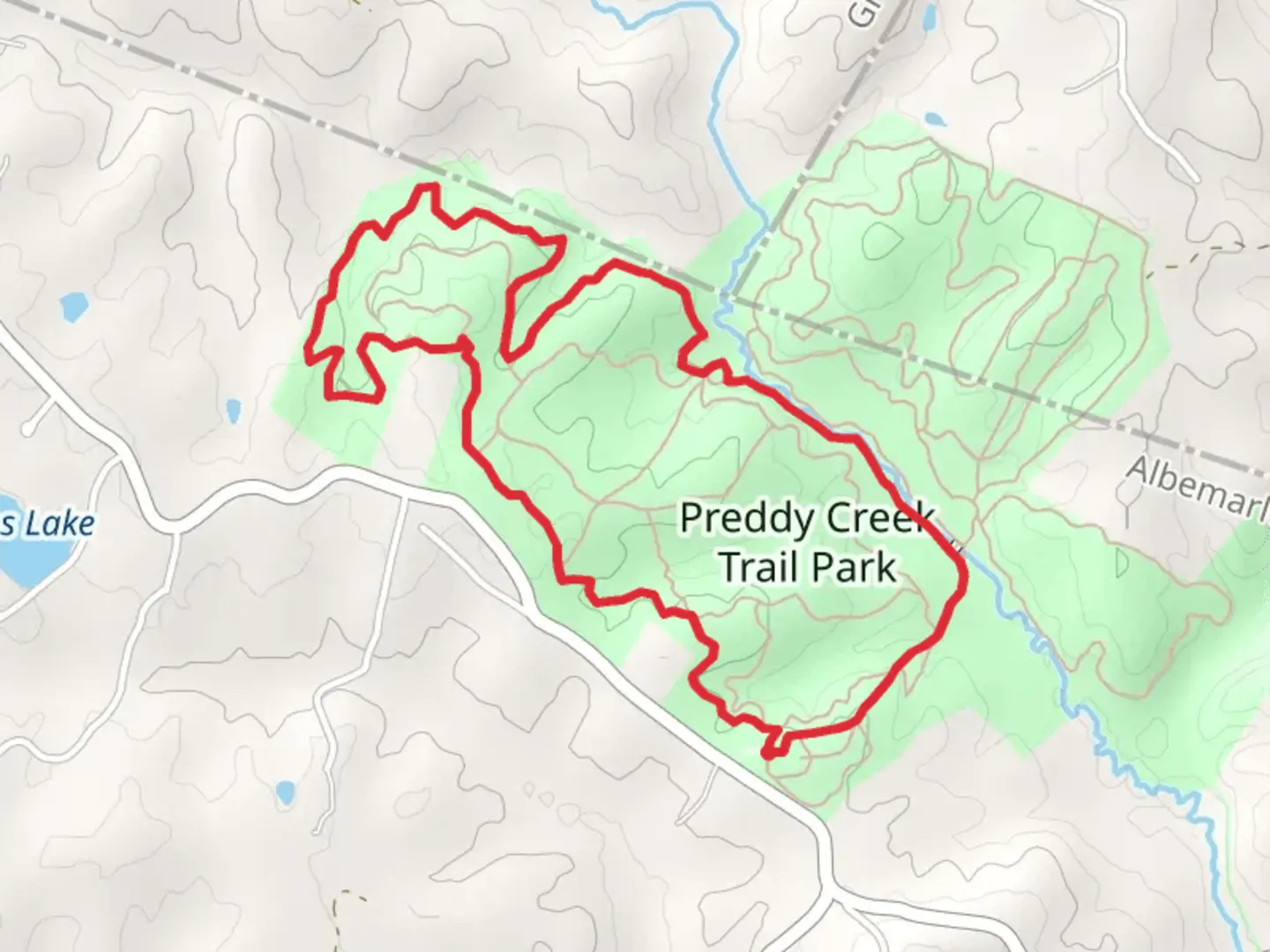 An image depicting the trail Creekside and Preddy Creek Outer Loop Trail and its surrounding area.
