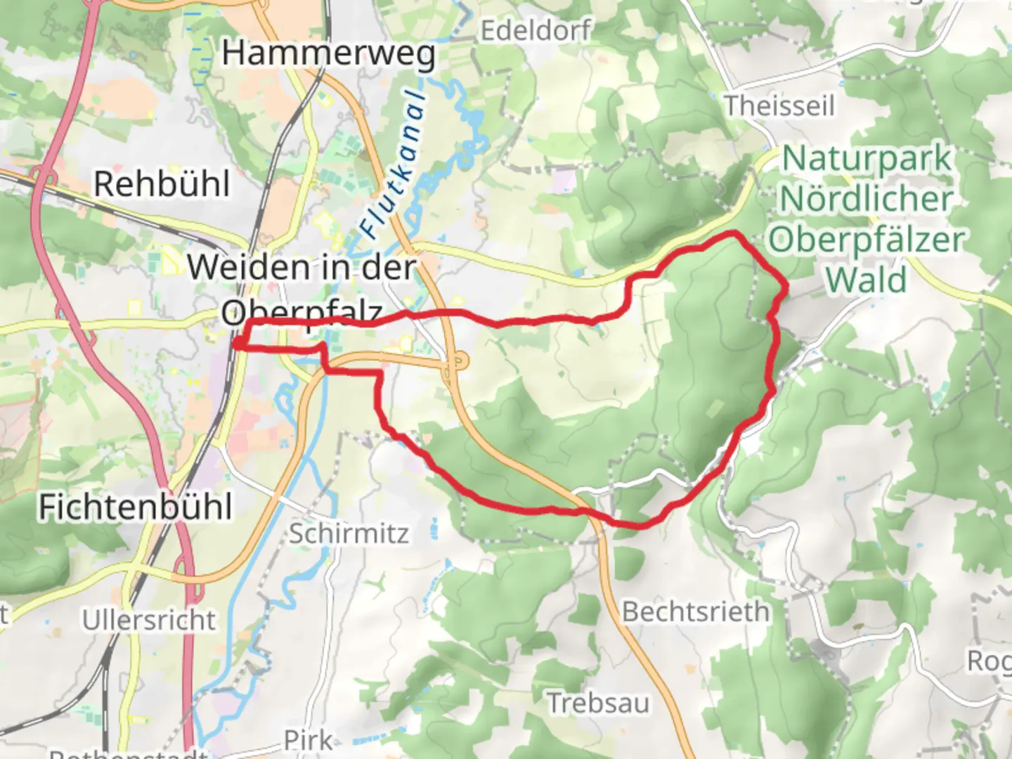 An image depicting the trail Weiden and Troglersricht Loop and its surrounding area.