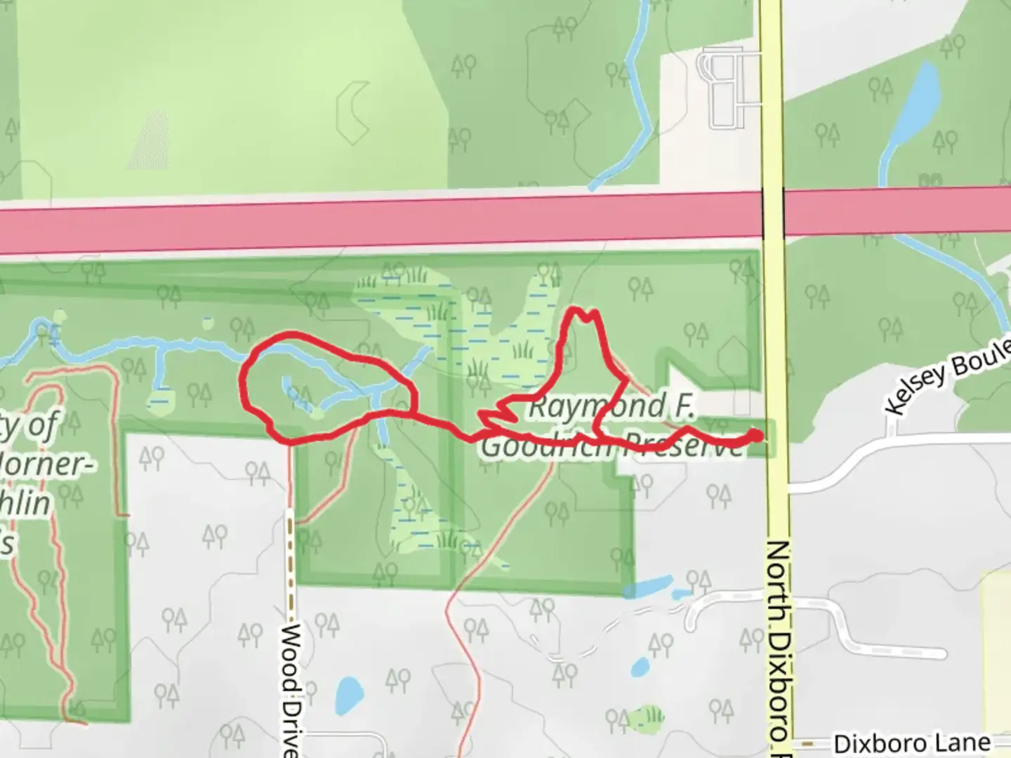 An image depicting the trail Raymond F Goodrich Preserve Loop and its surrounding area.