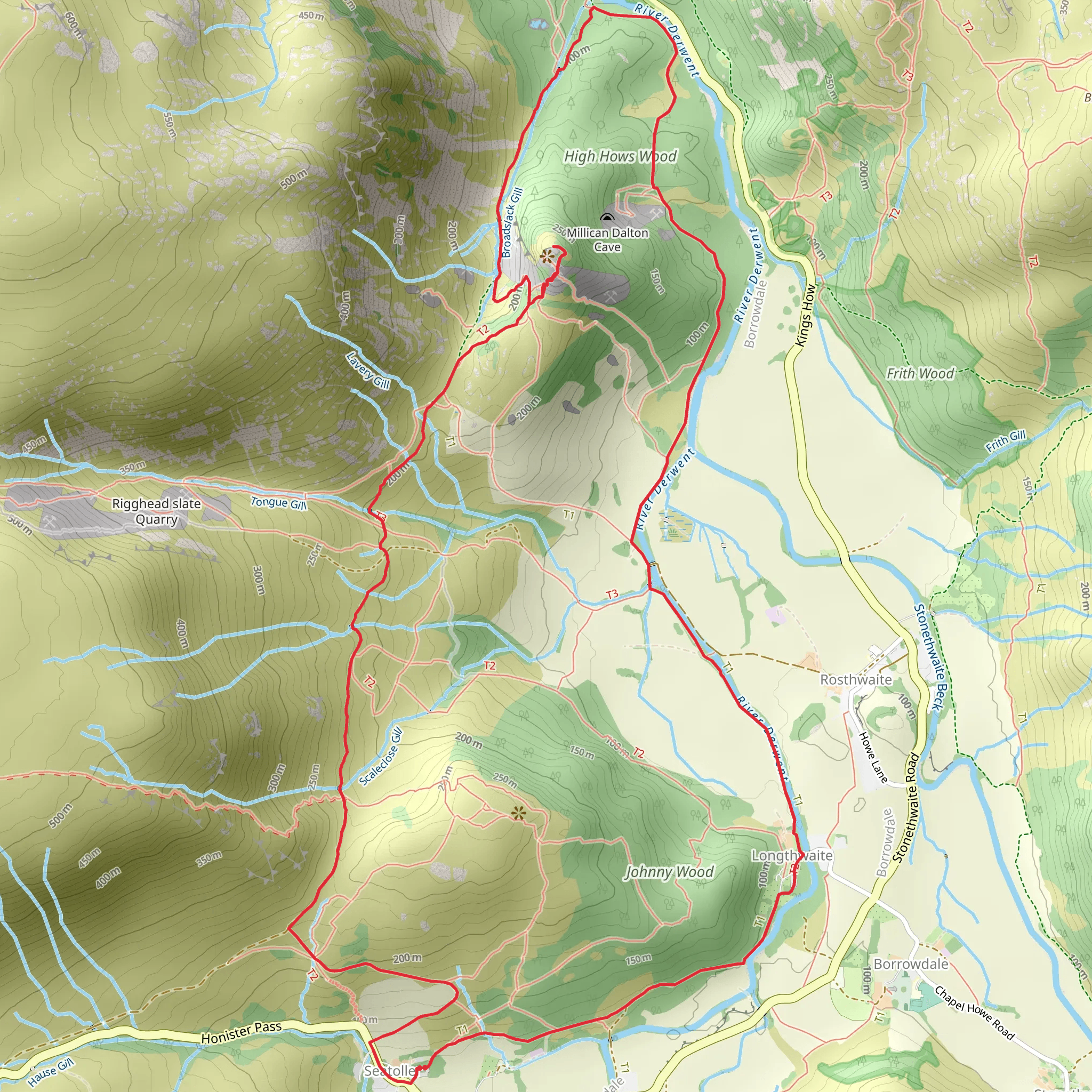 Seatoller Loop via Castle Crag and High Hows Wood mobile static map