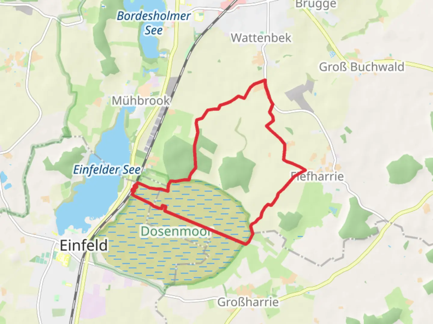 An image depicting the trail Dosenmoor Weg and Wattenbeker Gehoelz Loop and its surrounding area.
