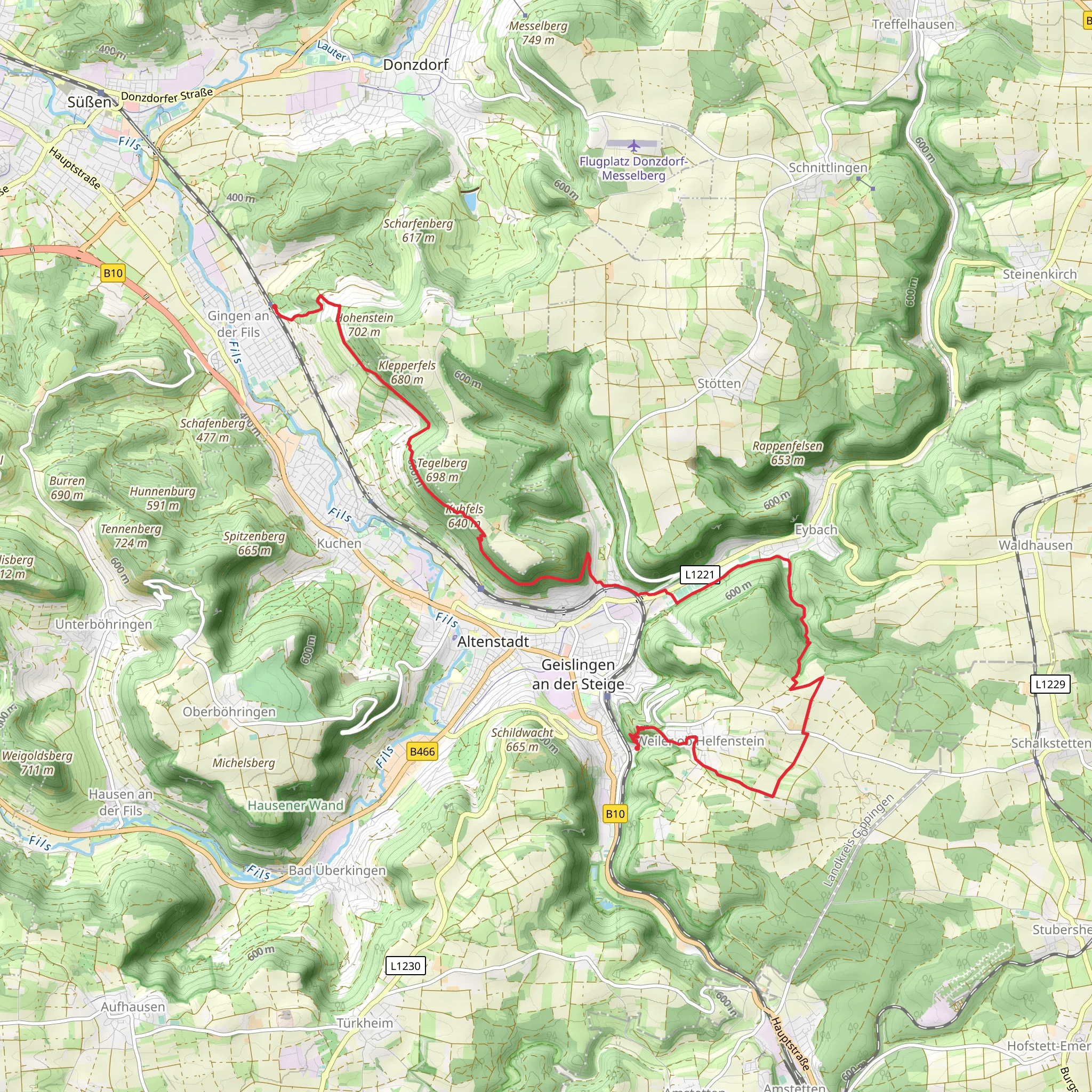 Gingen to Geislingen Walk via Kuhfels mobile static map