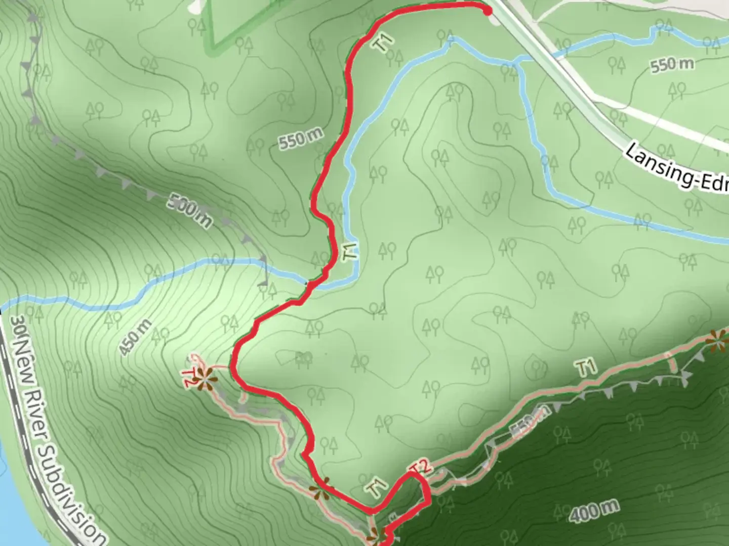 An image depicting the trail Diamond Point Overlook via Endless Wall Trail and its surrounding area.