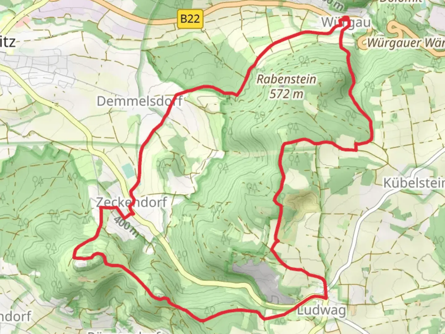 An image depicting the trail Heidenstein and Giechburg Loop via Wurgau and its surrounding area.