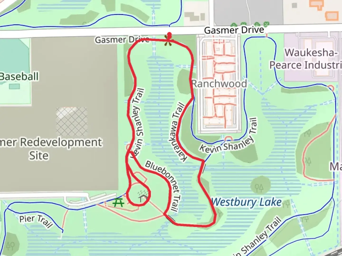 An image depicting the trail Willow Waterhole Greenway and Westbury Lake Loop and its surrounding area.