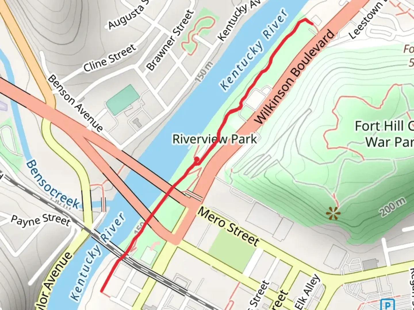 An image depicting the trail Riverview Trail from Mero Street and its surrounding area.