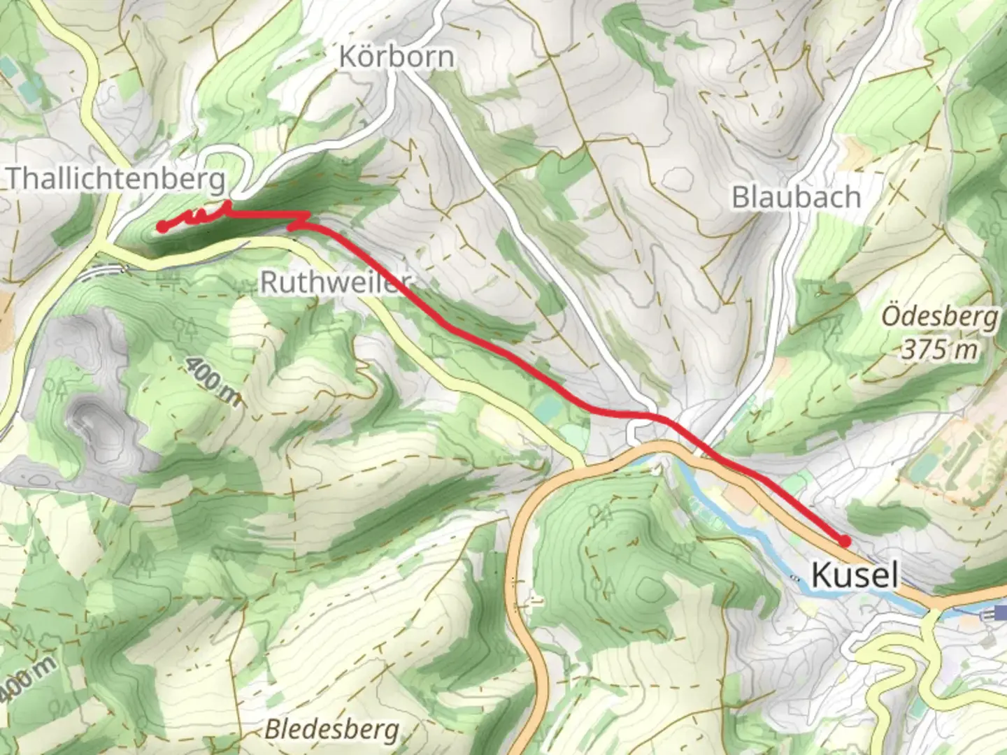 An image depicting the trail Kraeutergarten to Kusel via Zuwegung Veldenz Wanderweg and its surrounding area.