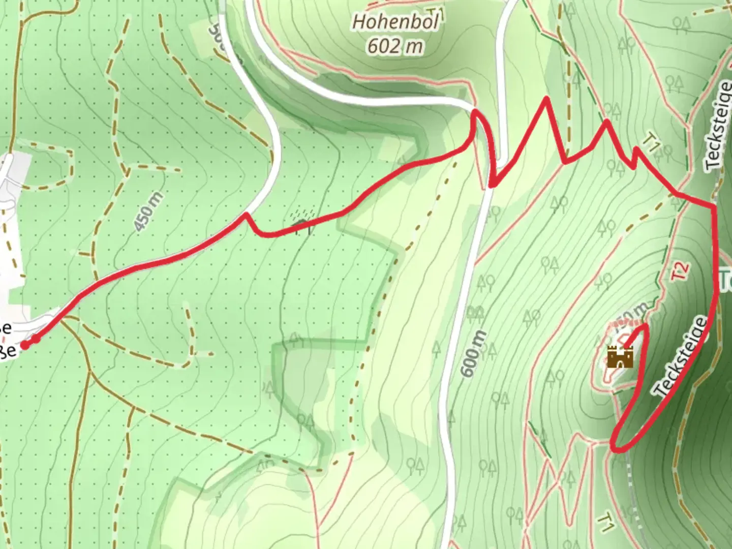An image depicting the trail Teckberg Walk via Blaues Dreieck Oberboihingen Teck and its surrounding area.