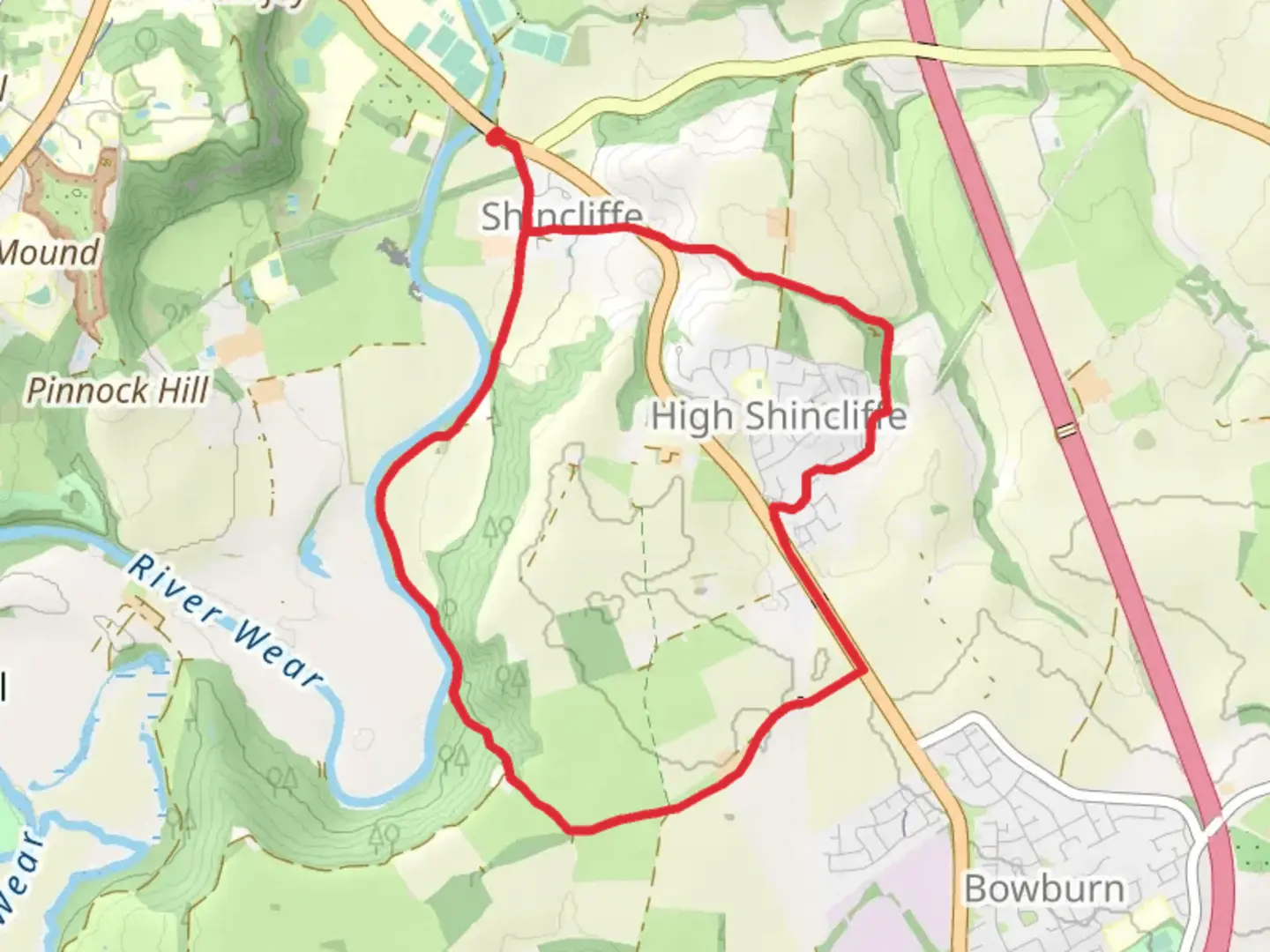 An image depicting the trail The Sliddings and High Shincliffe Loop and its surrounding area.