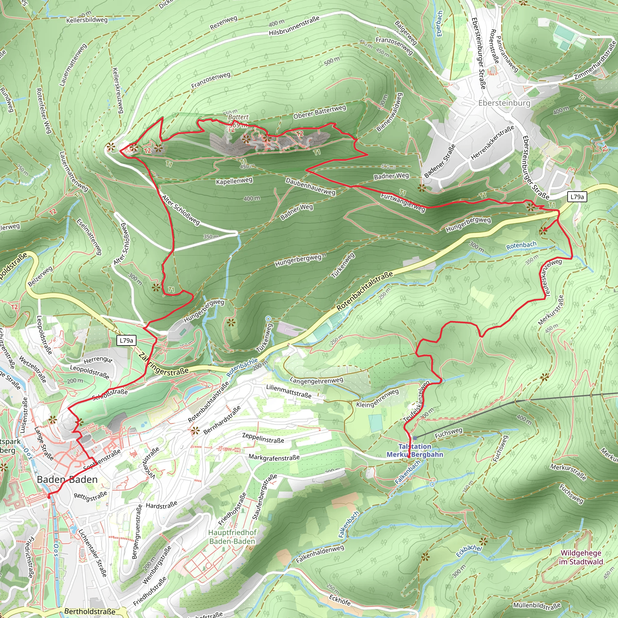 Innenstadt to Merkurbahn Talstation via Battert Rundweg and Ebersteinburg Rundweg mobile static map