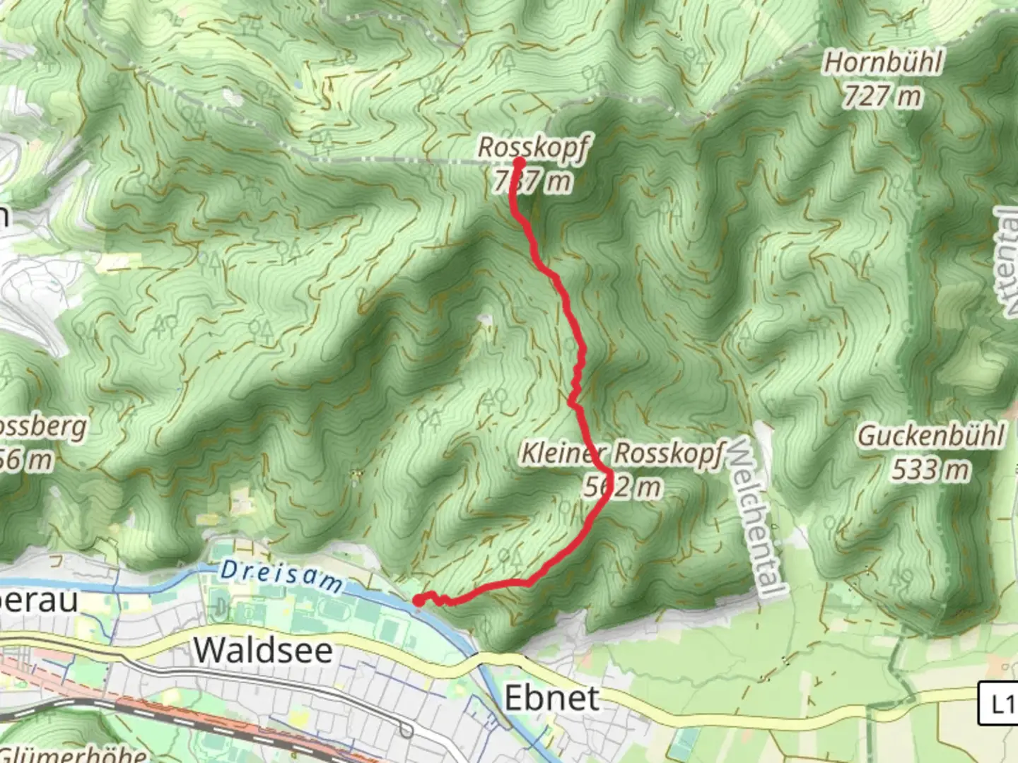 An image depicting the trail Roßkopfturm to Schwarzwald Stadion via Borderline and its surrounding area.