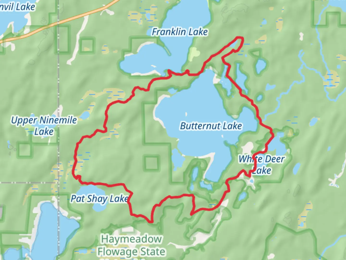 An image depicting the trail Butternut Lake, Three Johns Lake and Luna Lake Loop and its surrounding area.