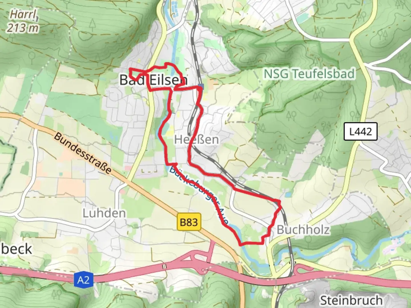 An image depicting the trail Bad Eilsen and Heeßen Loop and its surrounding area.