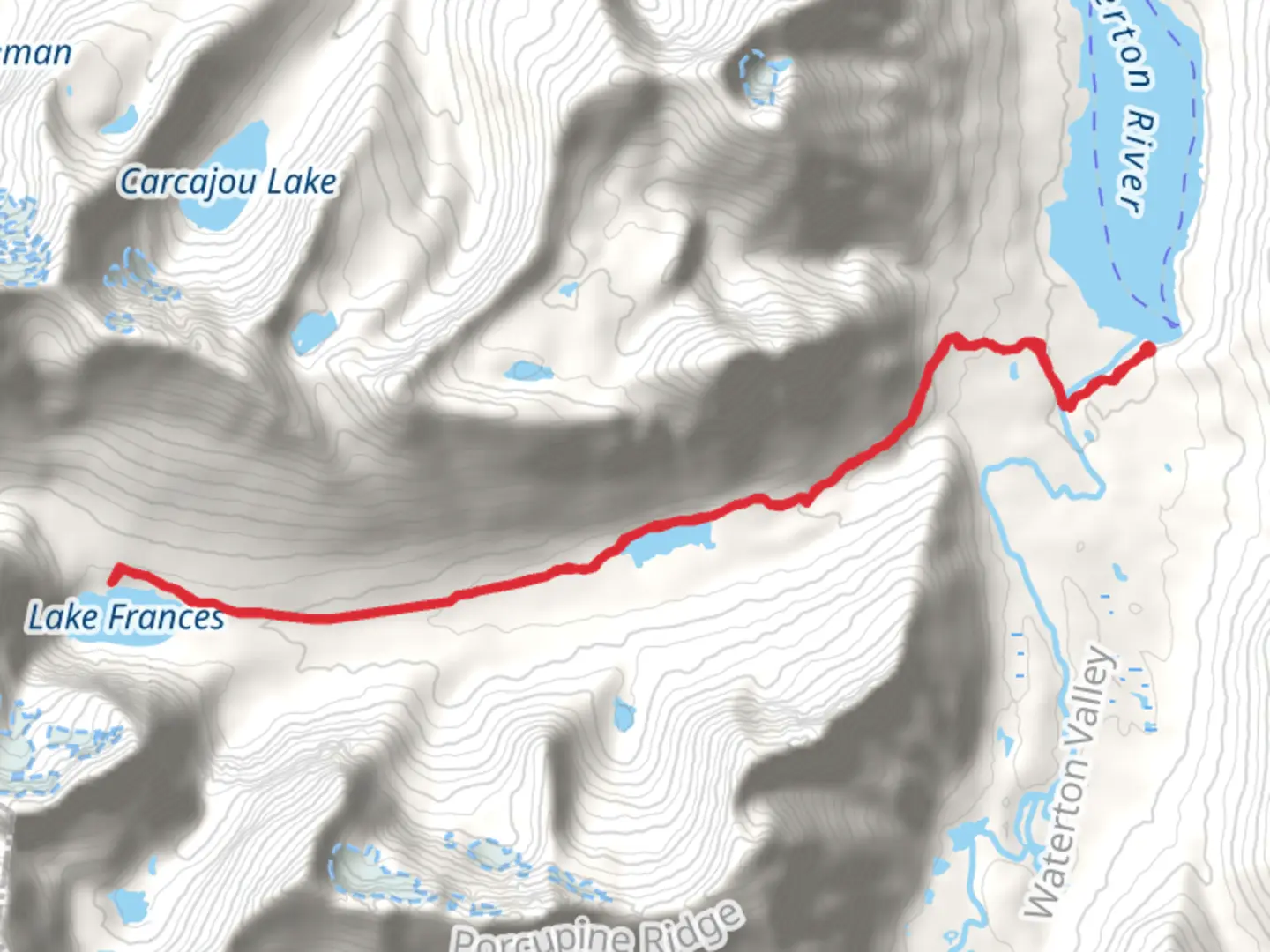 An image depicting the trail Lake Frances via Boulder Pass and its surrounding area.