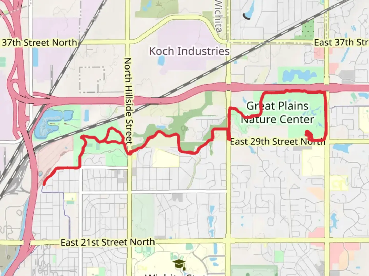 An image depicting the trail Great Plains Nature Center and Wichita Path and its surrounding area.