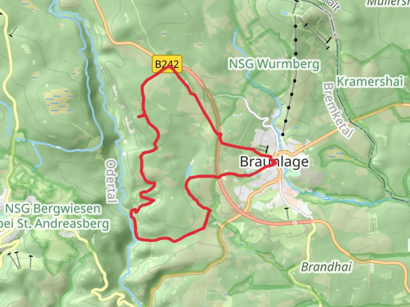 An image depicting the trail Braunlage Loop via Hahnenkleeklippen and its surrounding area.
