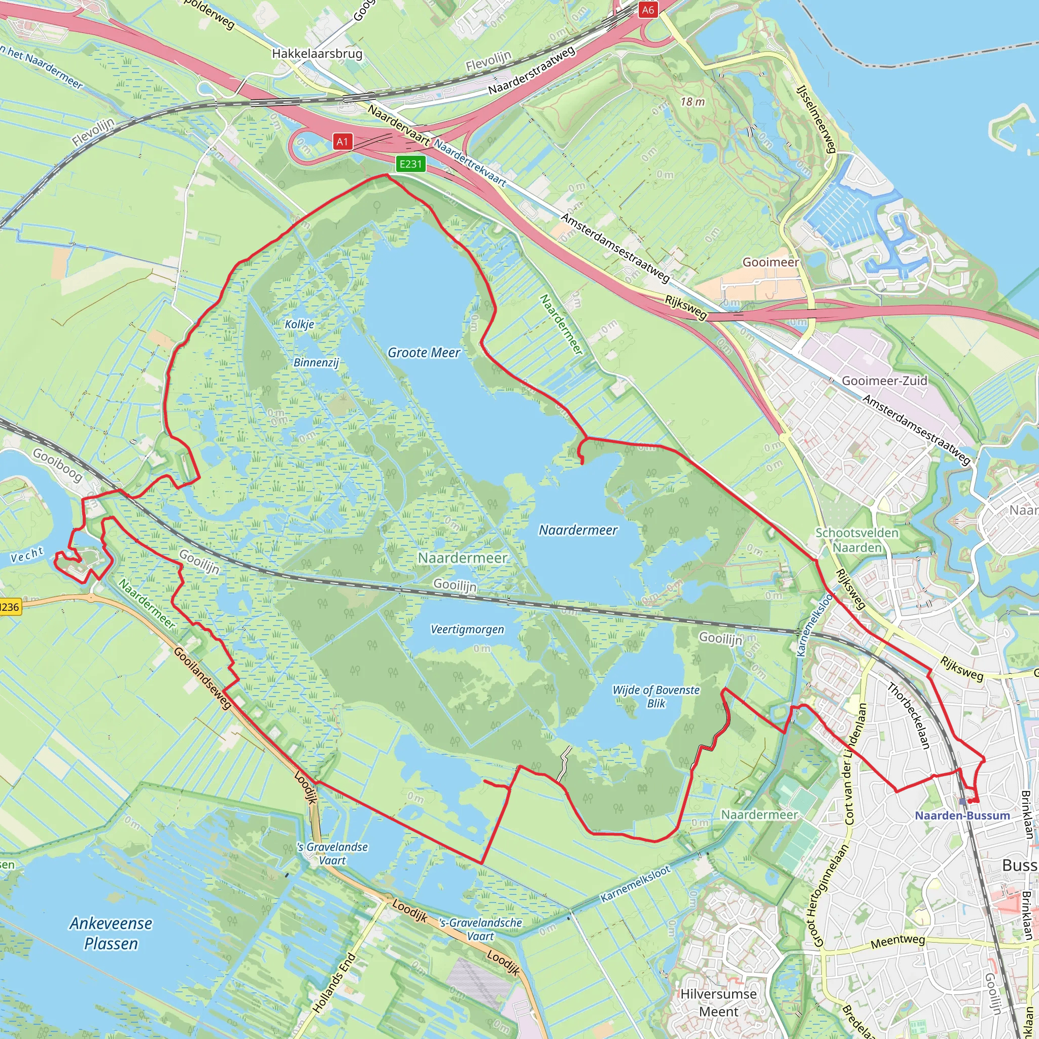 Hilversumse Bovenmeent, Fort Uitermeer, Grote Meer and Naardermeer Loop mobile static map