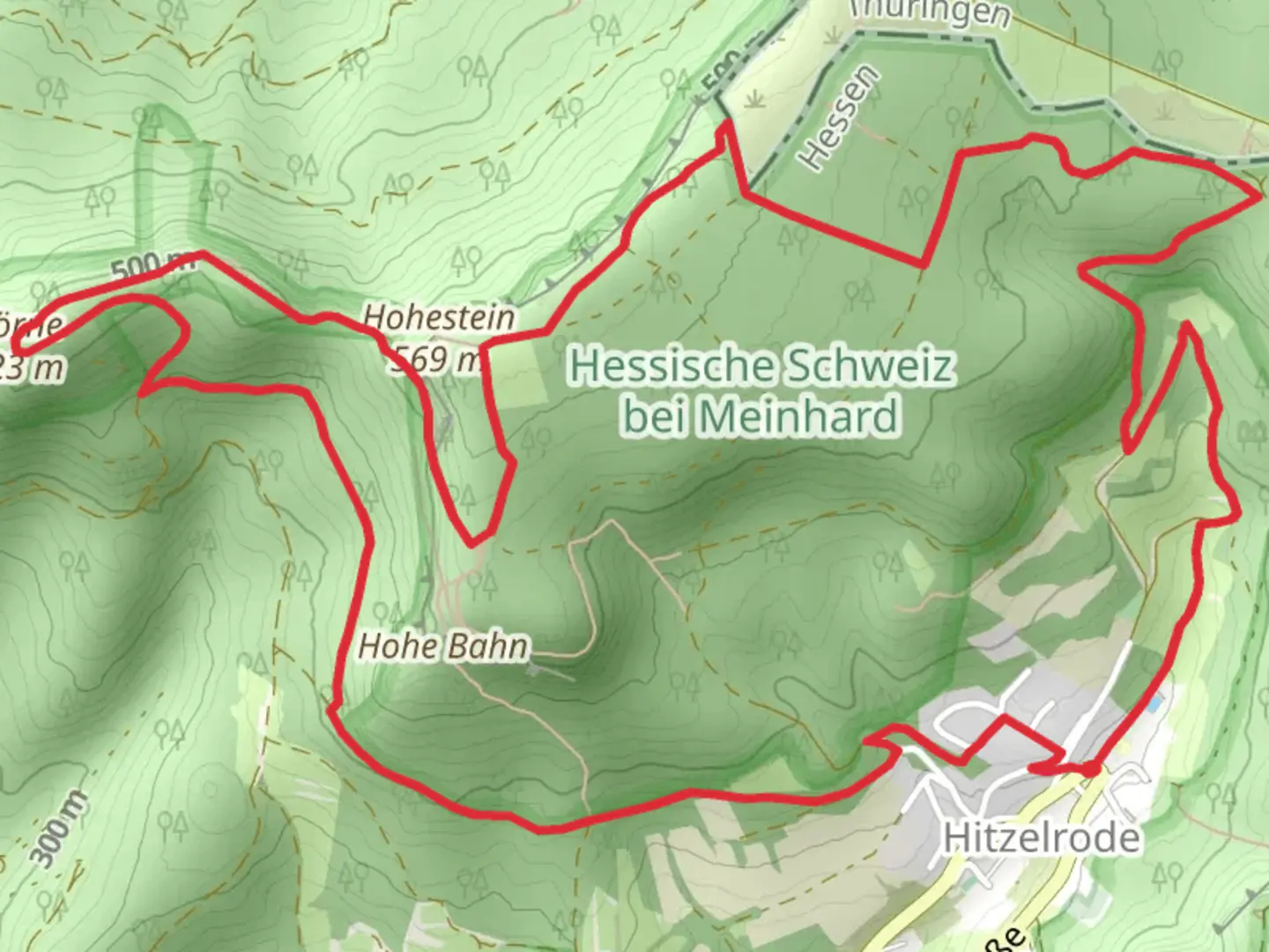 An image depicting the trail Hoerneluecke via Rundweg Motzenrode and Rhenanuspfad and its surrounding area.