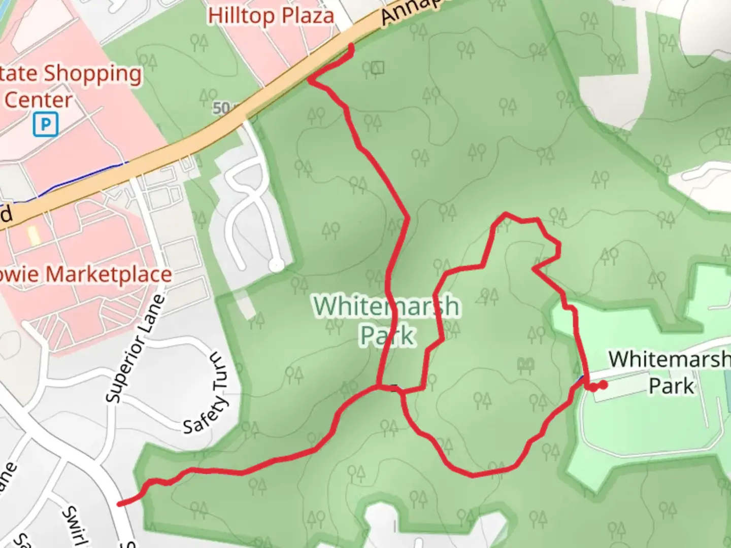 An image depicting the trail Whitemarsh Park Loop and its surrounding area.