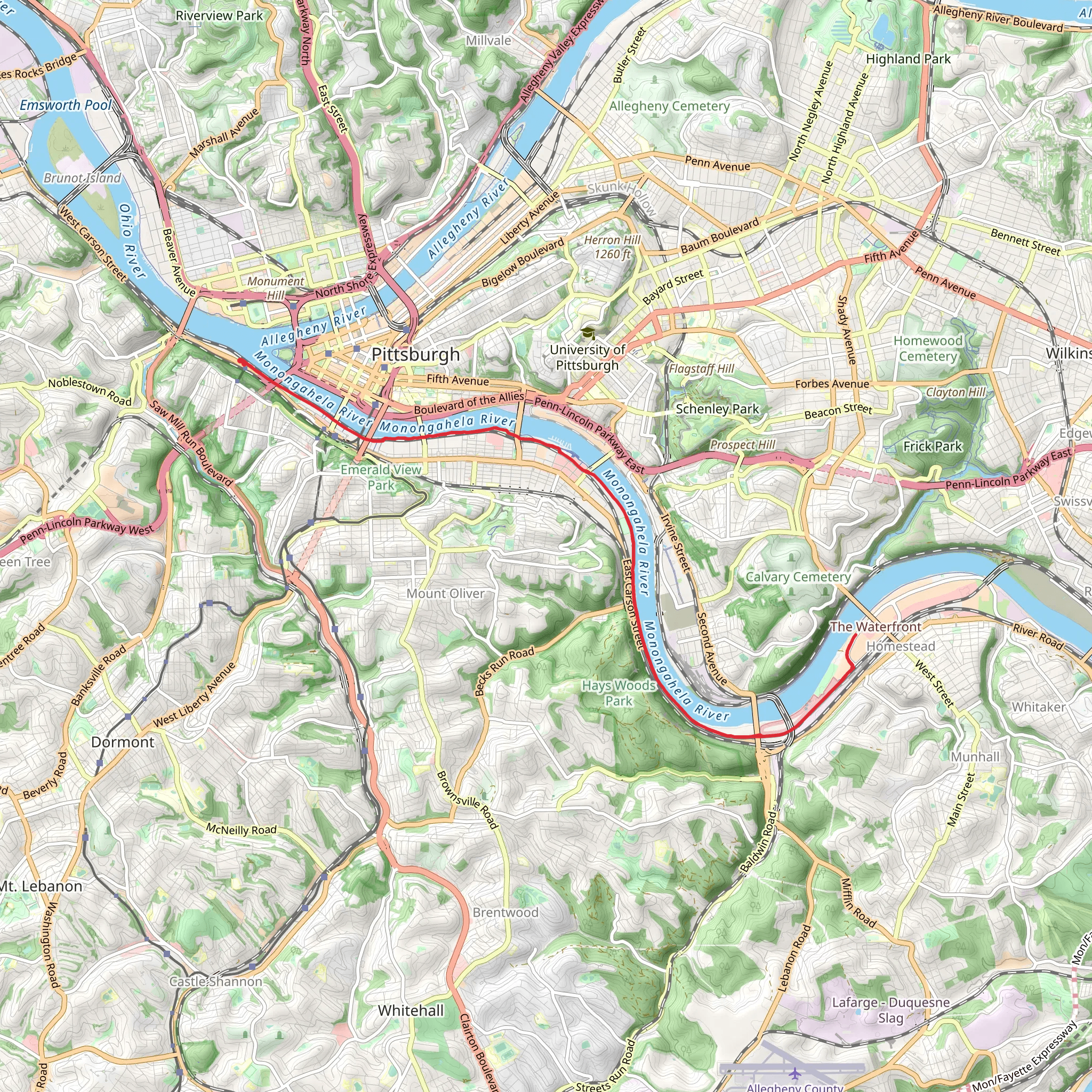 Duquesne Lower Station to Homestead via Station Square Trail mobile static map