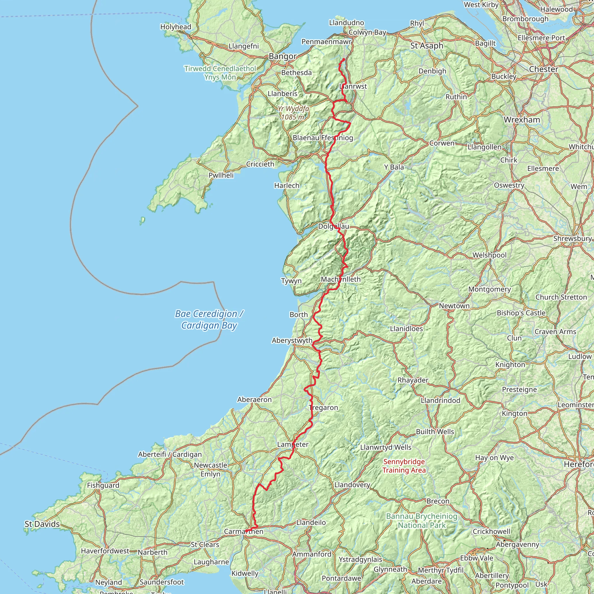 Caerhun to Carmarthen via Wales Coast Path mobile static map