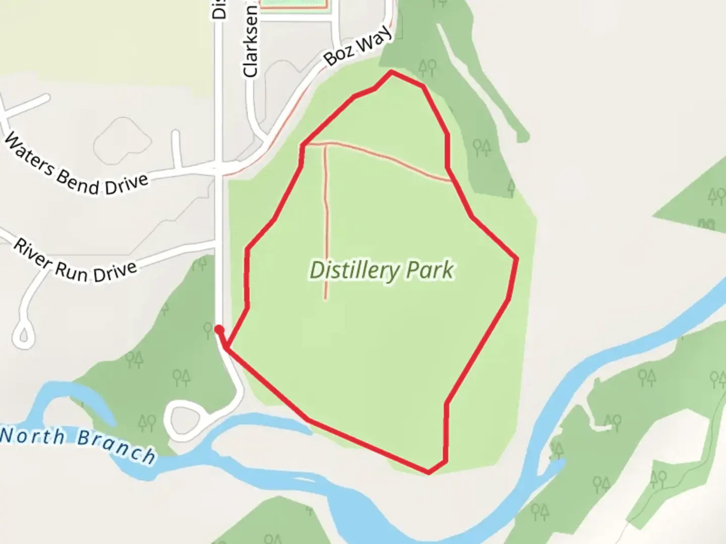 An image depicting the trail Distillery Road Loop and its surrounding area.