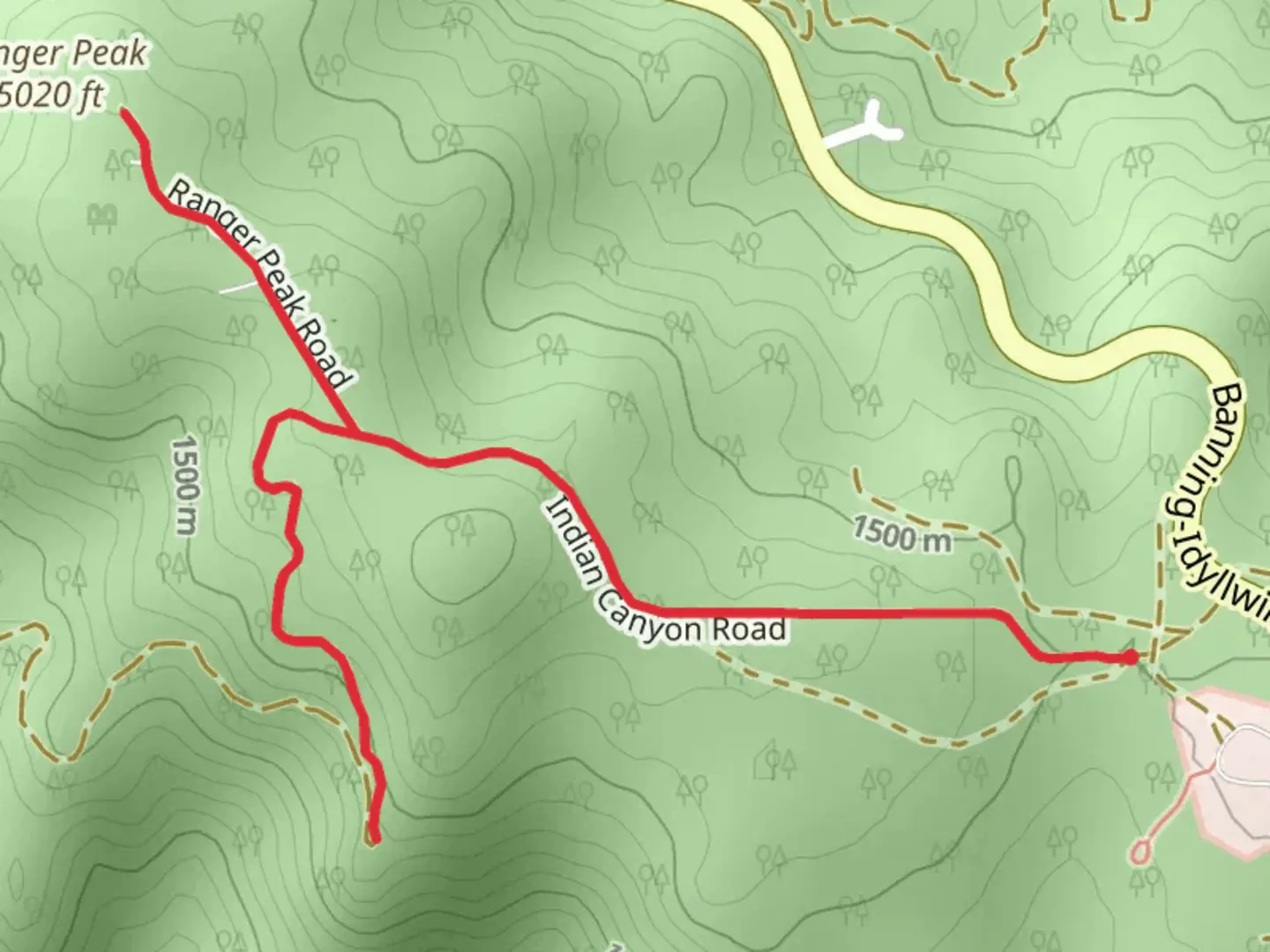 An image depicting the trail Ranger Peak via Indian Canyon Road and its surrounding area.