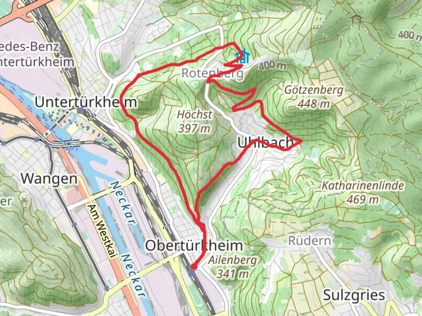 An image depicting the trail Stuttgart-Obertürkheim Loop and its surrounding area.