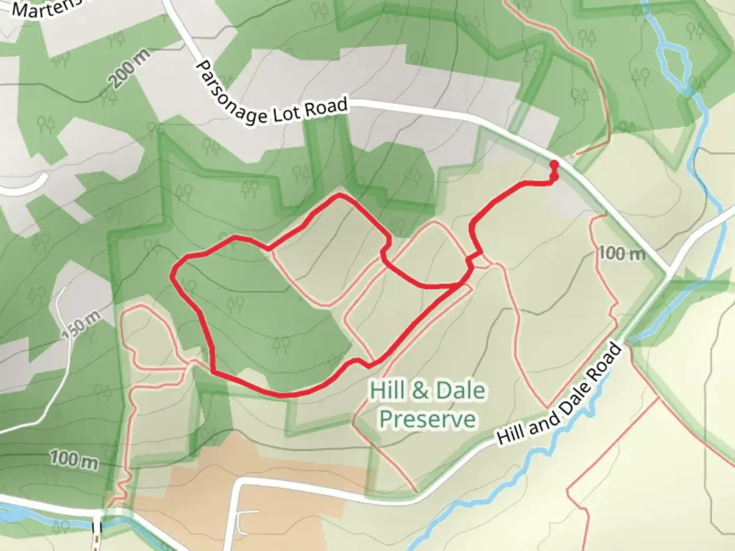 An image depicting the trail Red Trail and Blue Loop Trail and its surrounding area.
