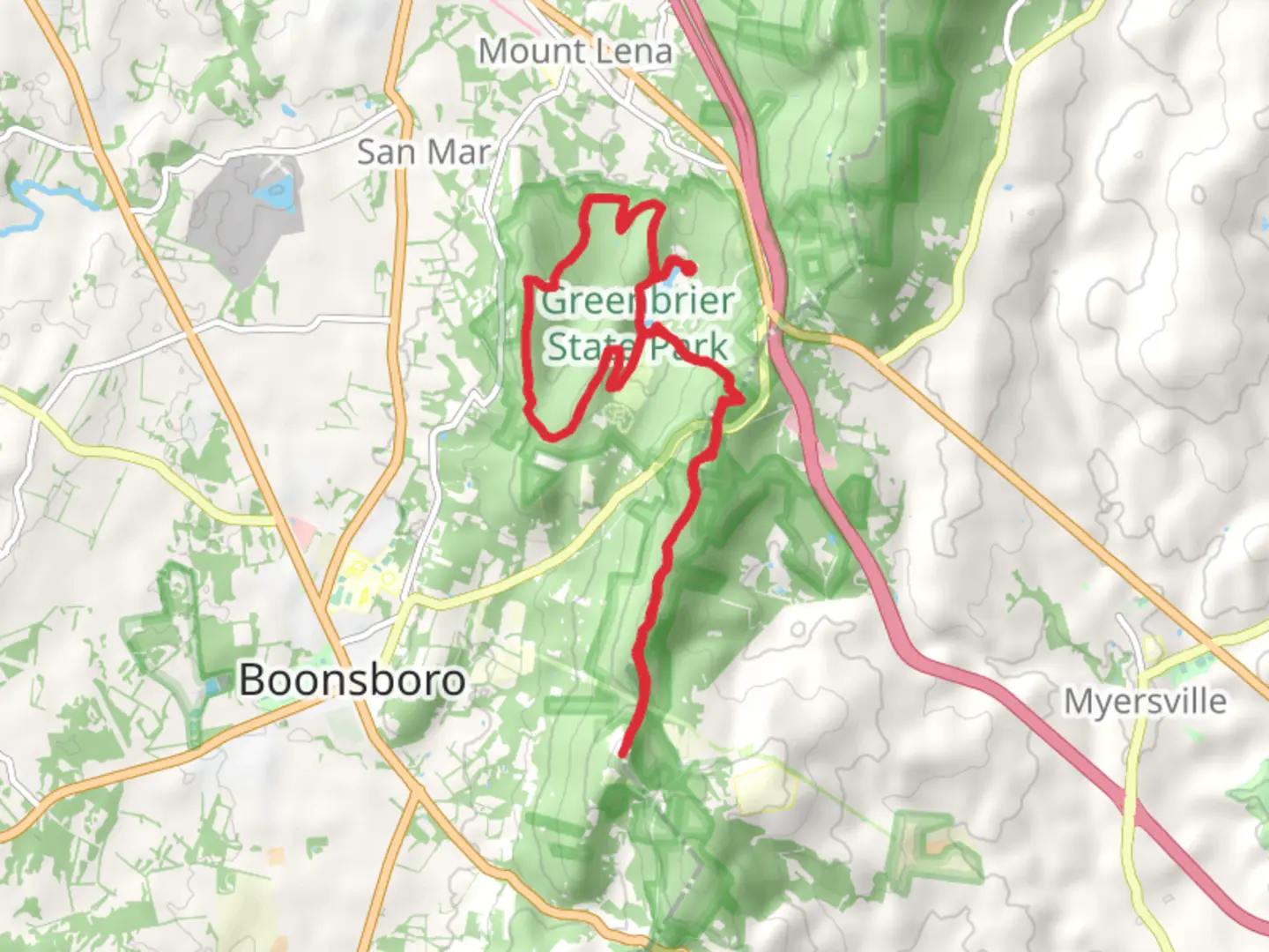 An image depicting the trail Greenbrier Lake to Monument Knob and its surrounding area.