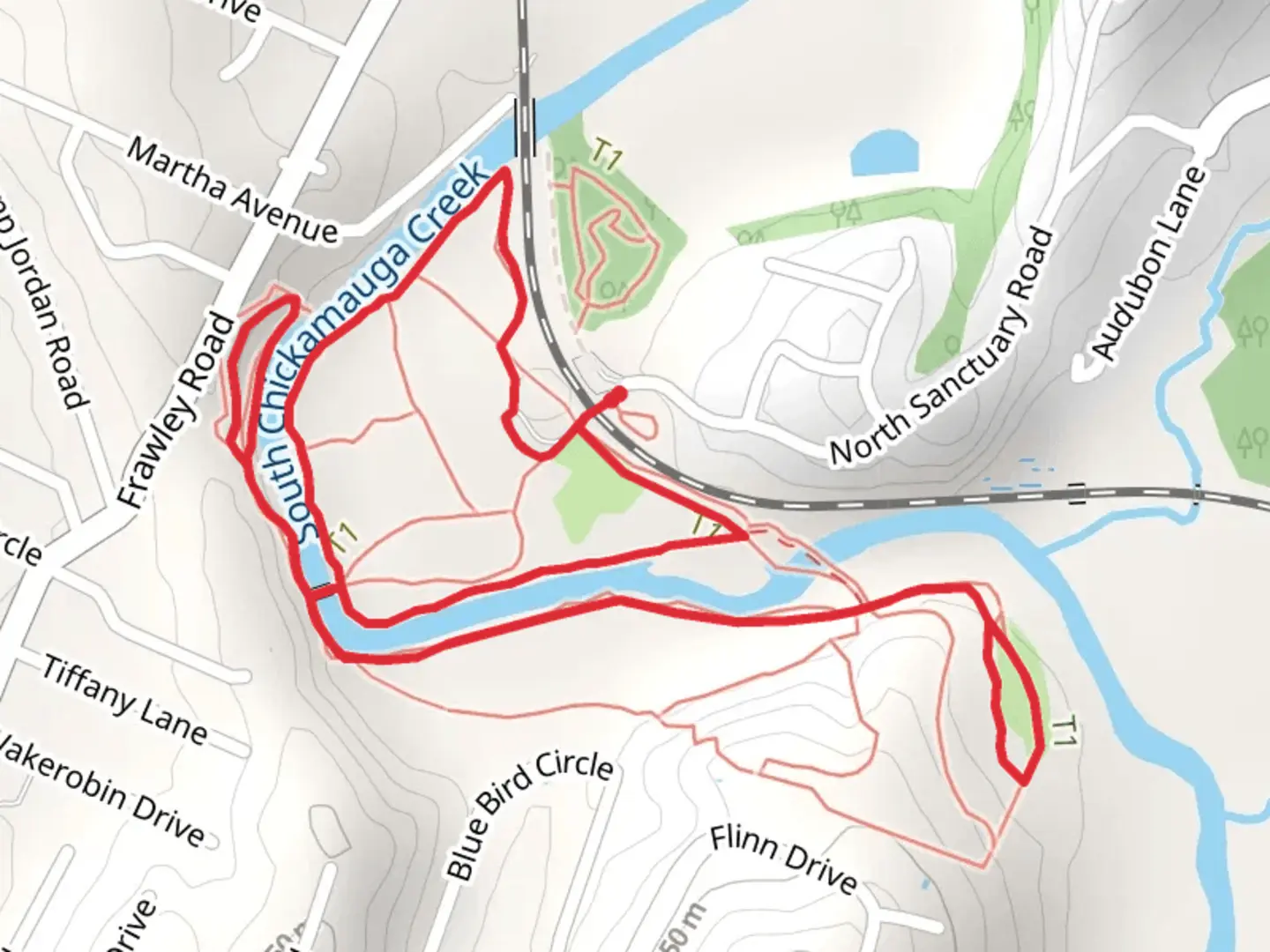 An image depicting the trail Little Owl Village and Chickamauga Loop and its surrounding area.