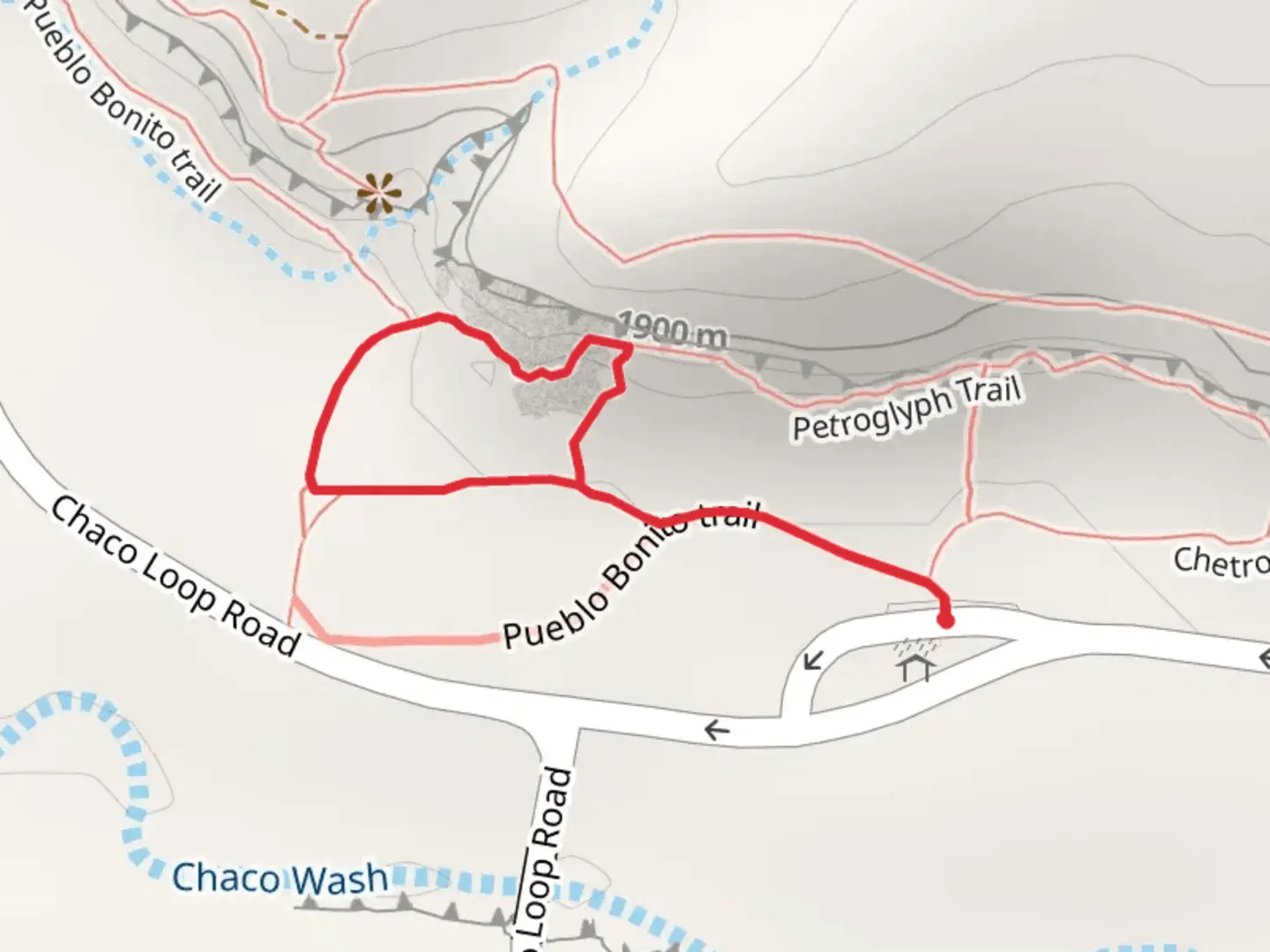 An image depicting the trail Pueblo Bonito Access Loop and its surrounding area.