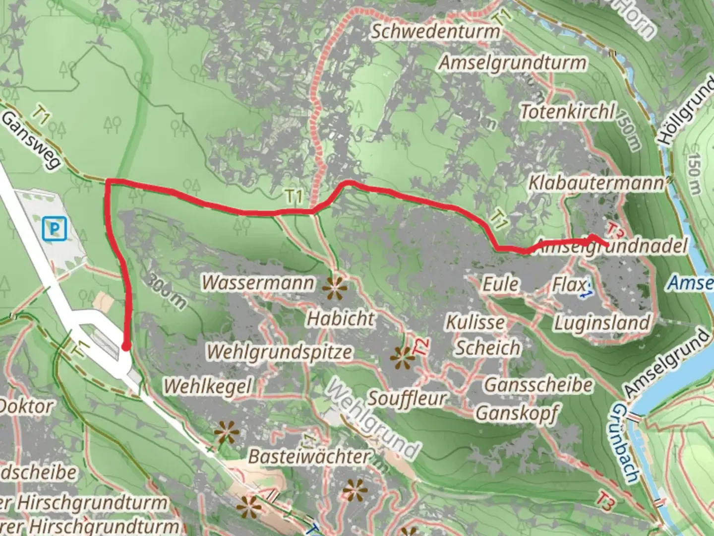 An image depicting the trail Amselgrundnadel Walk via Große Gans and its surrounding area.