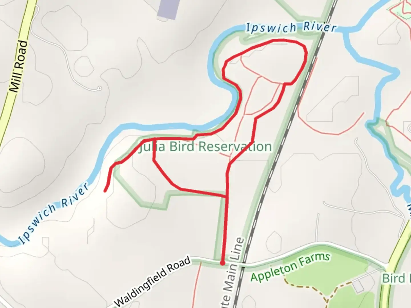 An image depicting the trail Ipswich River Loop via Waldingfield Road and its surrounding area.