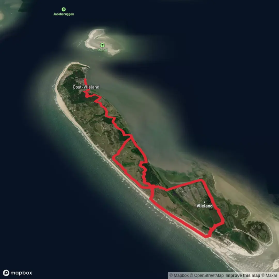 An image depicting the trail Vlieland and Kroonpolders via Oude Postweg and Pad van Malgum and its surrounding area.
