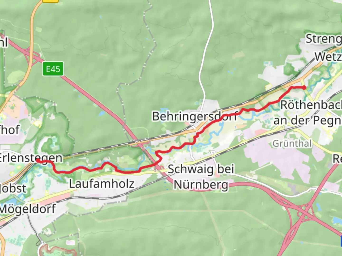 An image depicting the trail Erlenstegen to Rückersdorf Walk and its surrounding area.