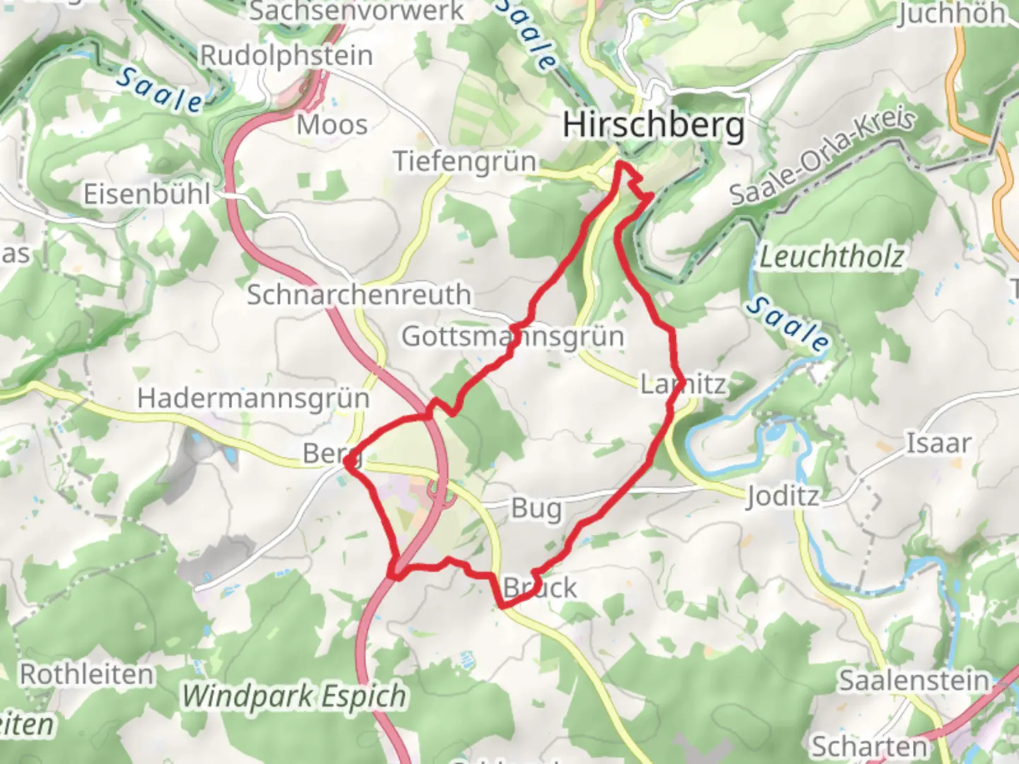 An image depicting the trail Handschuster Weg and Buechig Weg and its surrounding area.