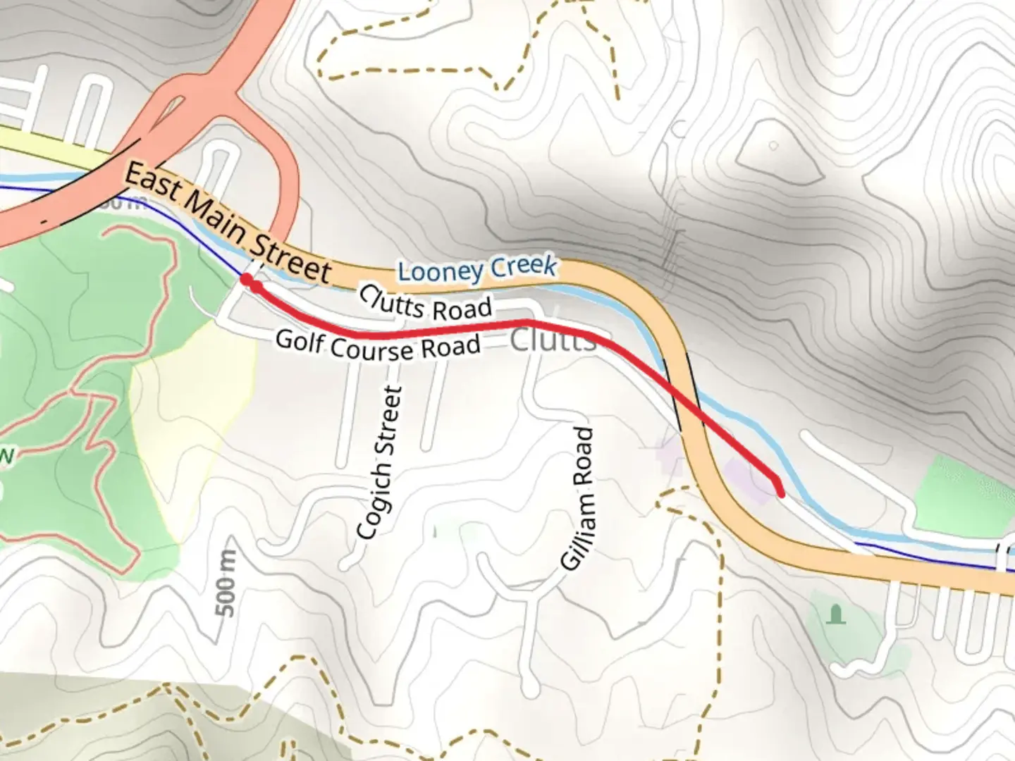 An image depicting the trail Lambert Alley along Looney Creek and its surrounding area.