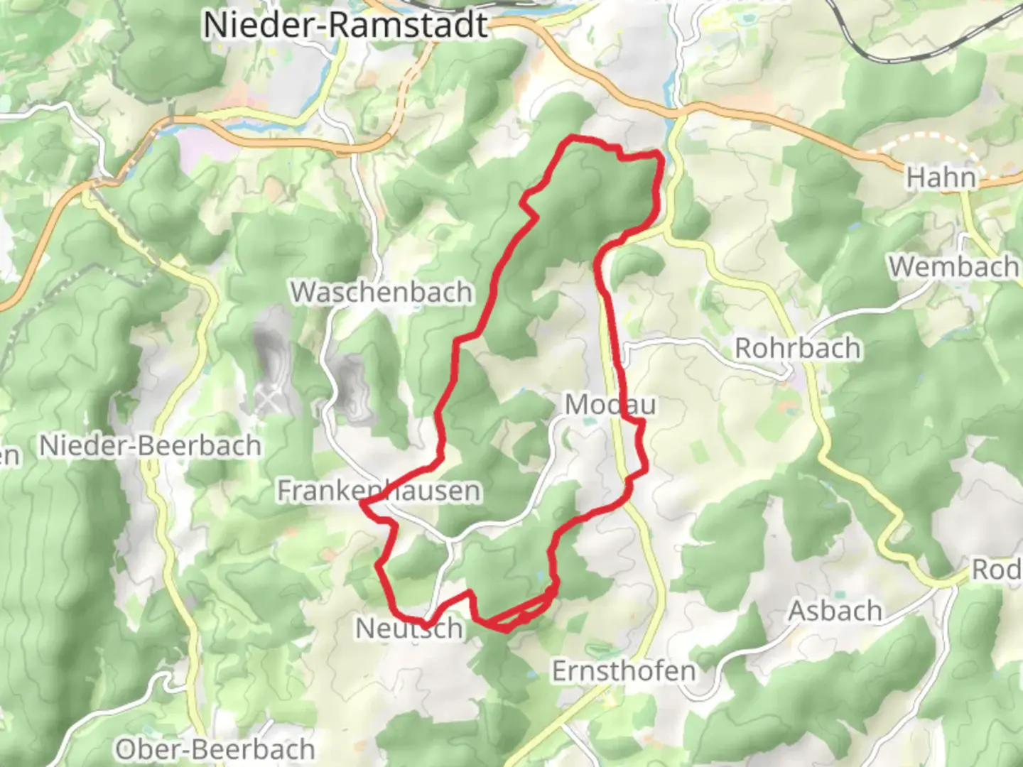 An image depicting the trail Hoher Rodberg and Silberberg via Malchen Obernburg and its surrounding area.